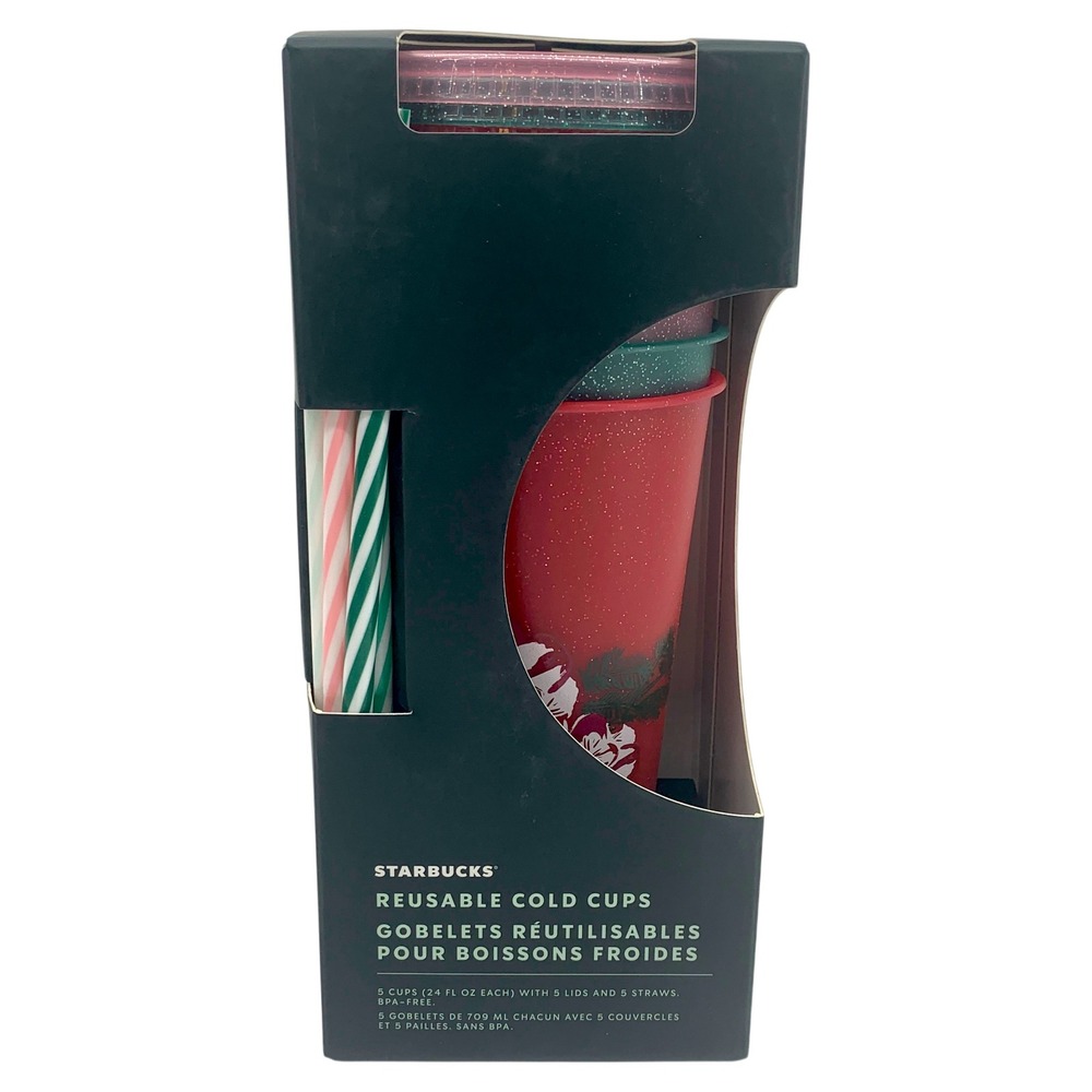 Starbucks 2022 Holiday Glitter Reusable Venti Cold Cups 5 Pack 24 oz Straws